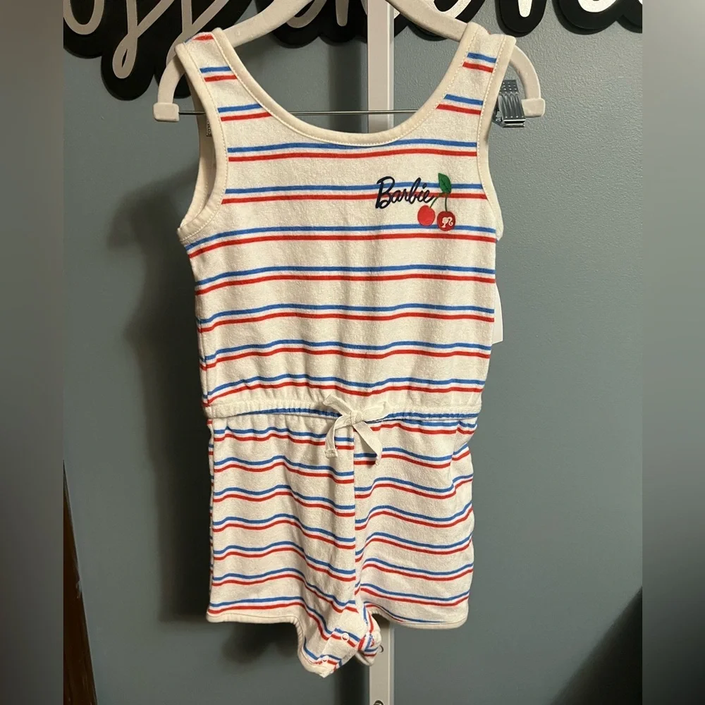 Barbie Red White Blue Striped Tank Short Romper with Cherry Patch NWT 4T